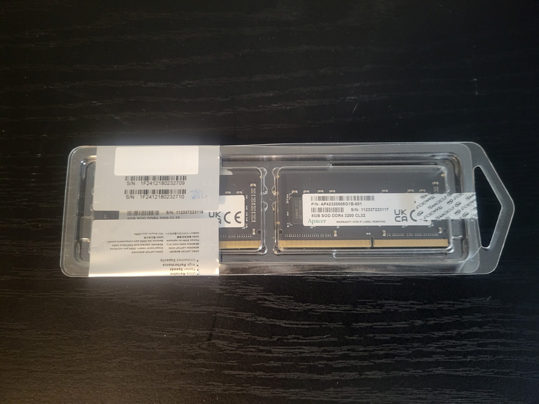 Two Apacer 8GB SODIMM Sticks of 3200MHZ Memory 16GB total