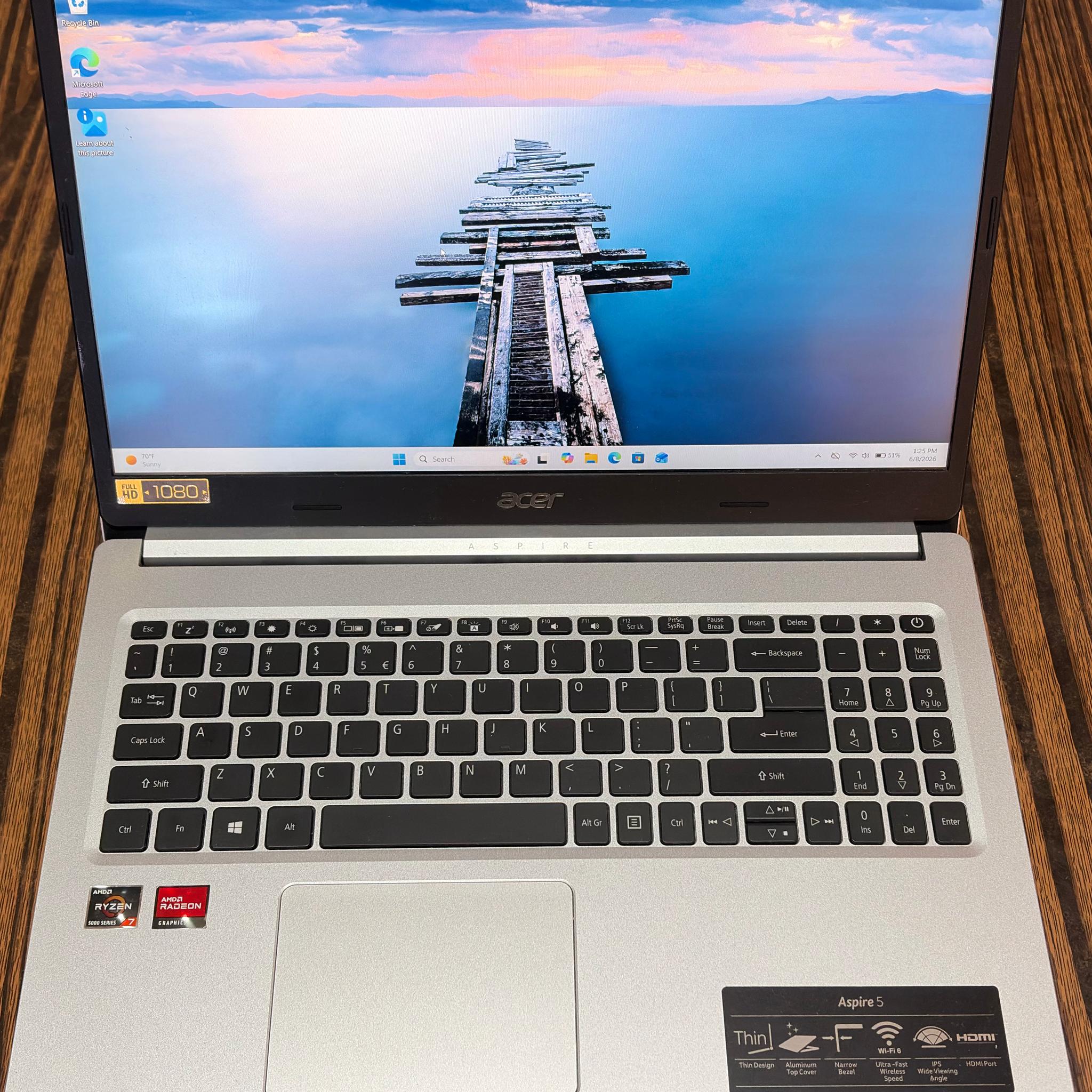 Acer Aspire 5 Silver 15.6" Laptop with 1080p display, AMD Ryzen 7 5700U, 8GB DDR4, 512GB NVMe SSD
