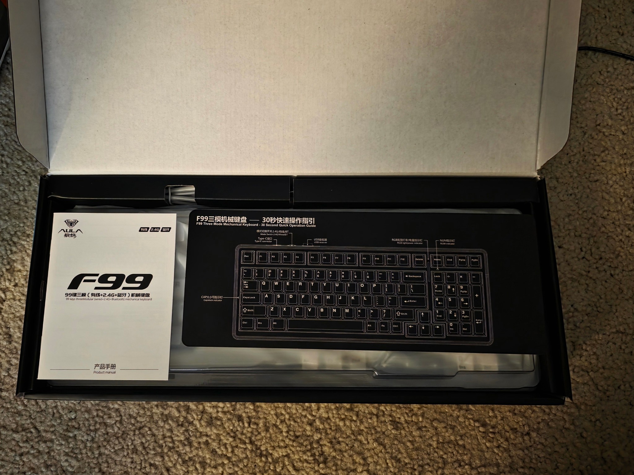 Aula F99 Wireless 96% Layout Black Grey White Mechanical RGB Hot Swappable Keyboard Brand New