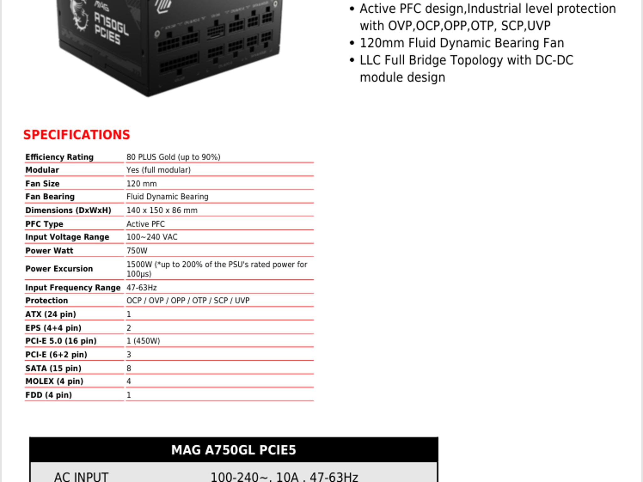 New. 750w PSU. MSI MAG A750GL PCIE5. 80+ Gold, ATX3.1, PCIe 5.1. Factory sealed.