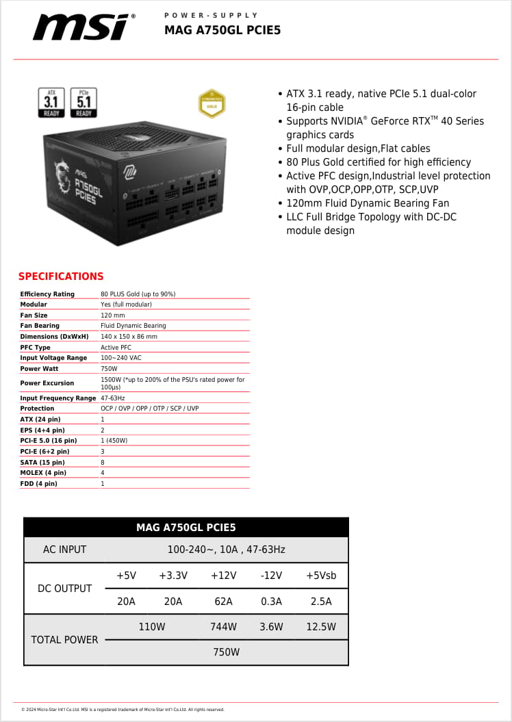 New. 750w PSU. MSI MAG A750GL PCIE5. 80+ Gold, ATX3.1, PCIe 5.1. Factory sealed.