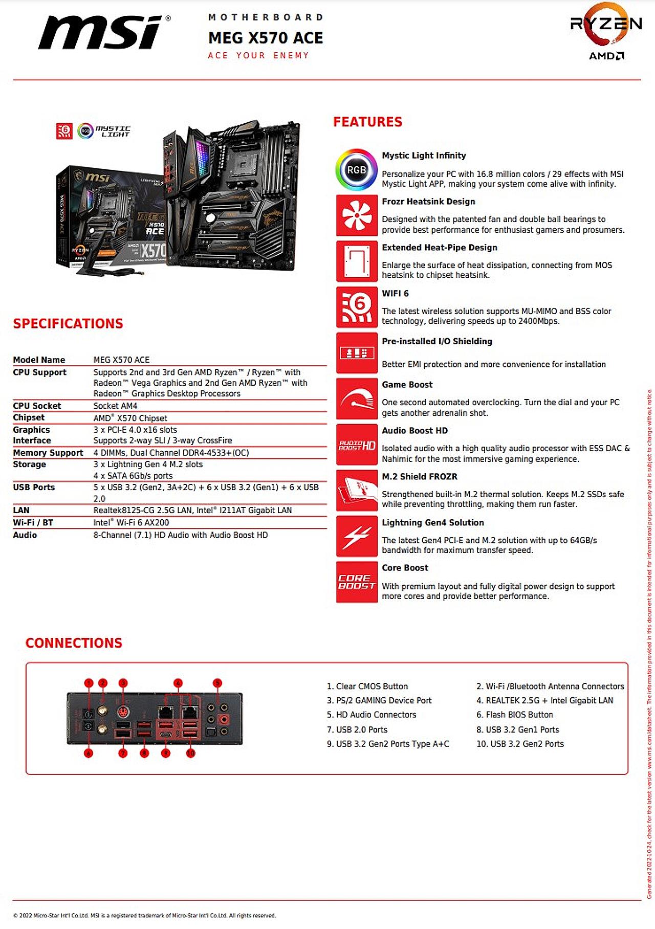 MSI MEG X570 ACE Motherboard with 16 gigs of DDR4 Ram