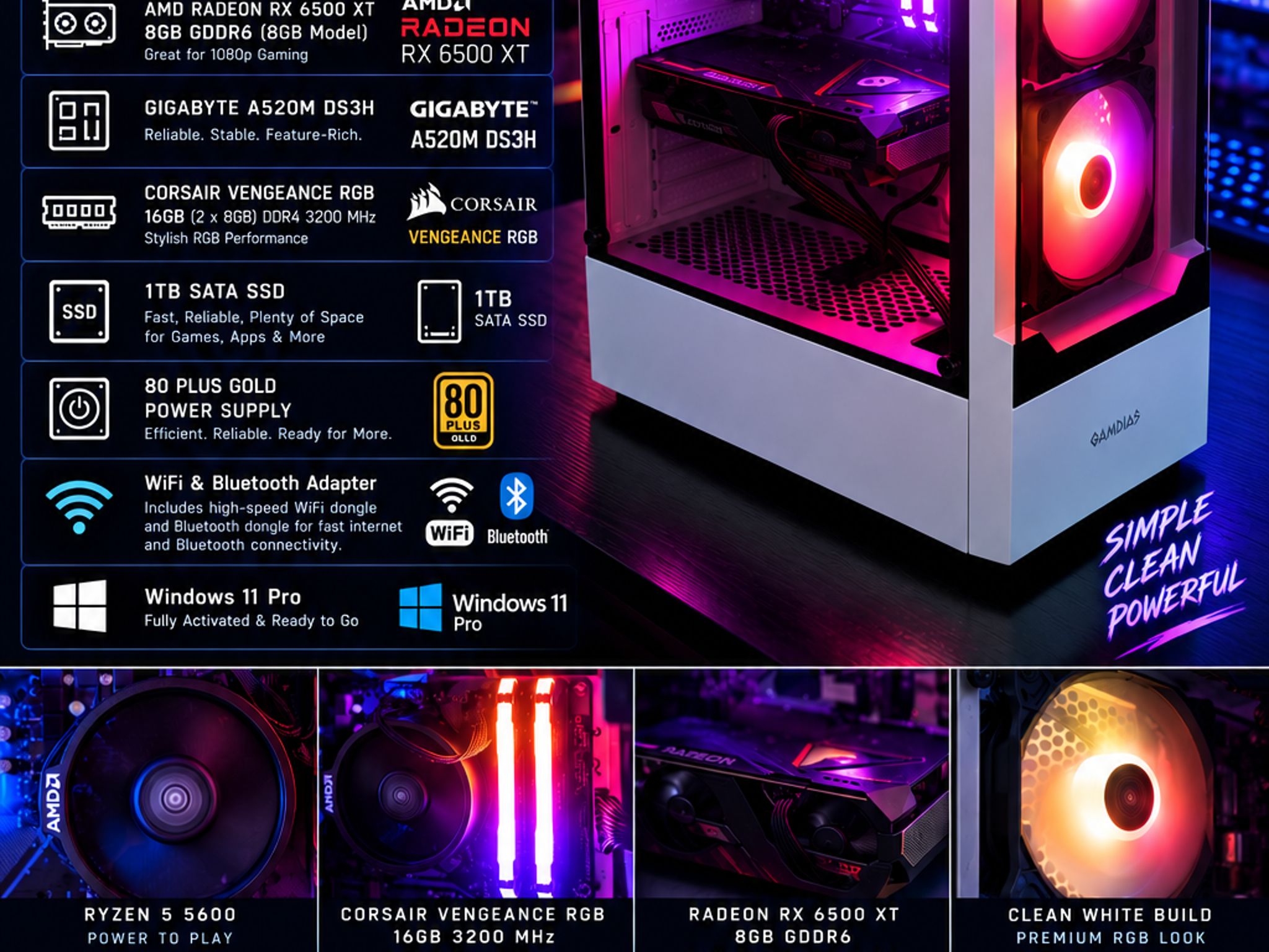 | RX 6500 XT 8GB Gaming PC | Ryzen 5 5600 | !Free Monitor! | "The Ghost" |