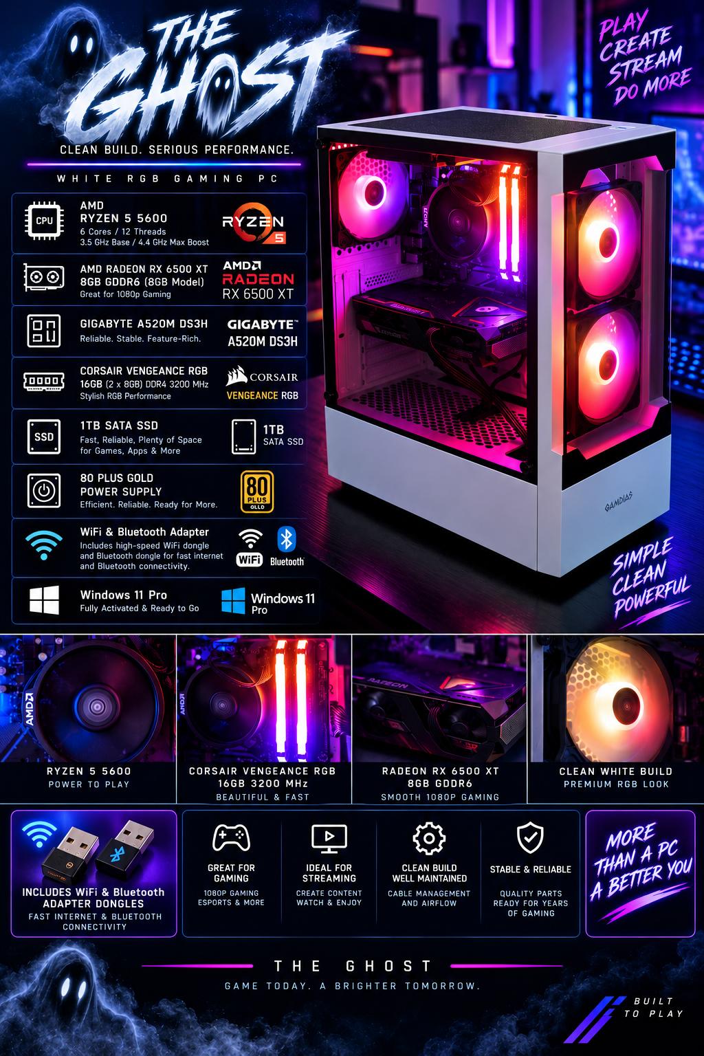 | RX 6500 XT 8GB Gaming PC | Ryzen 5 5600 | !Free Monitor! | "The Ghost" |