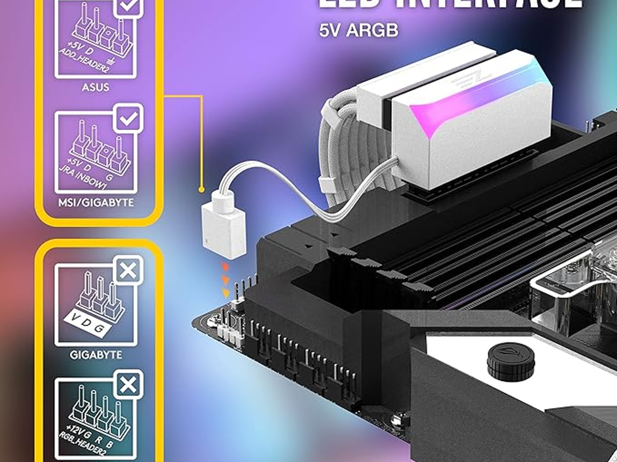 New EZDIY-FAB ATX 24-pin 90 Degree Power Connector Adapter 5V 3 Pin ARGB for Motherboard White
