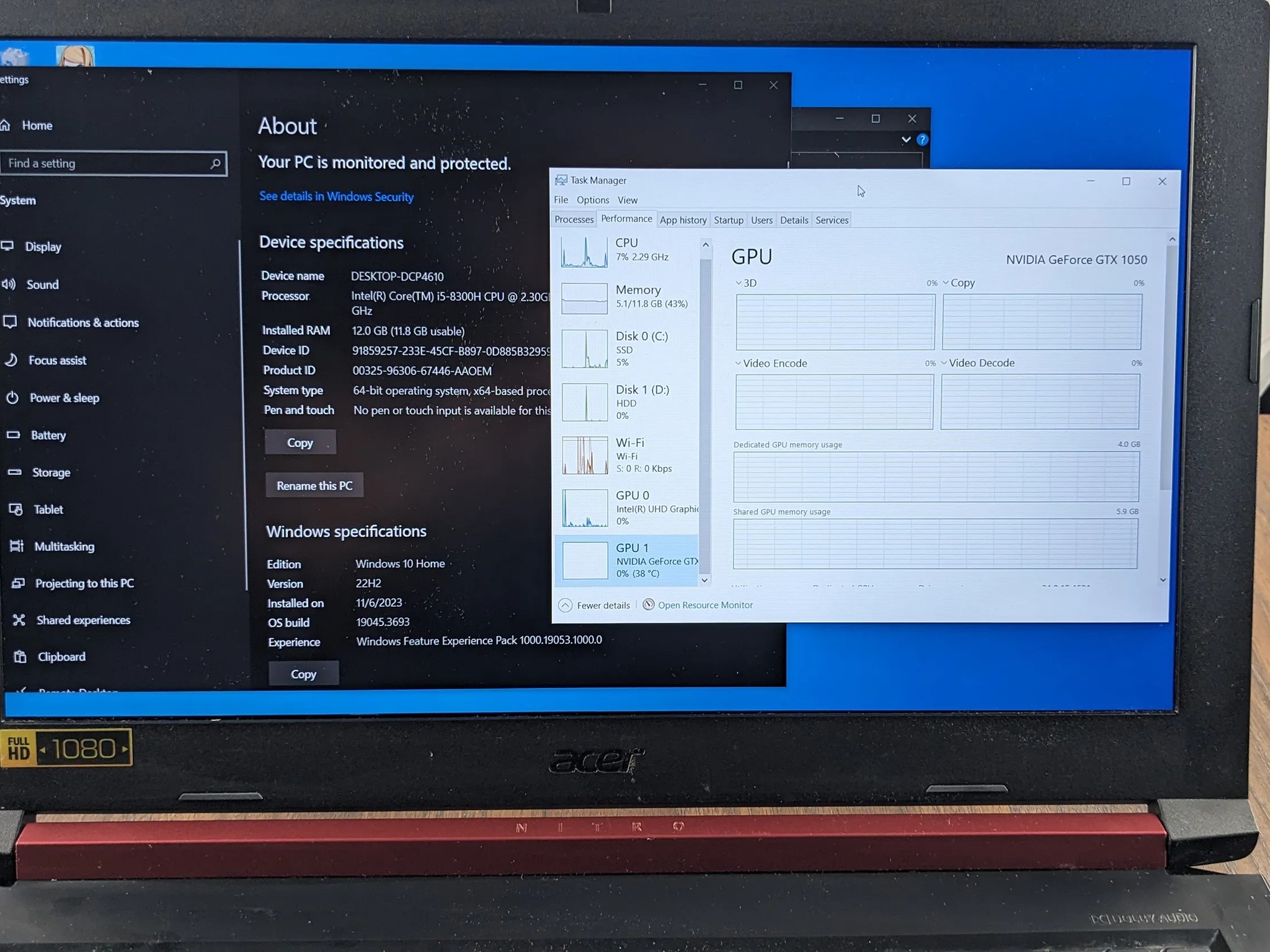 Acer Nitro 5 Refurbished, GTX 1050m, i5-8300H, 12GB DDR4, 256NVMe, 1TB HDD