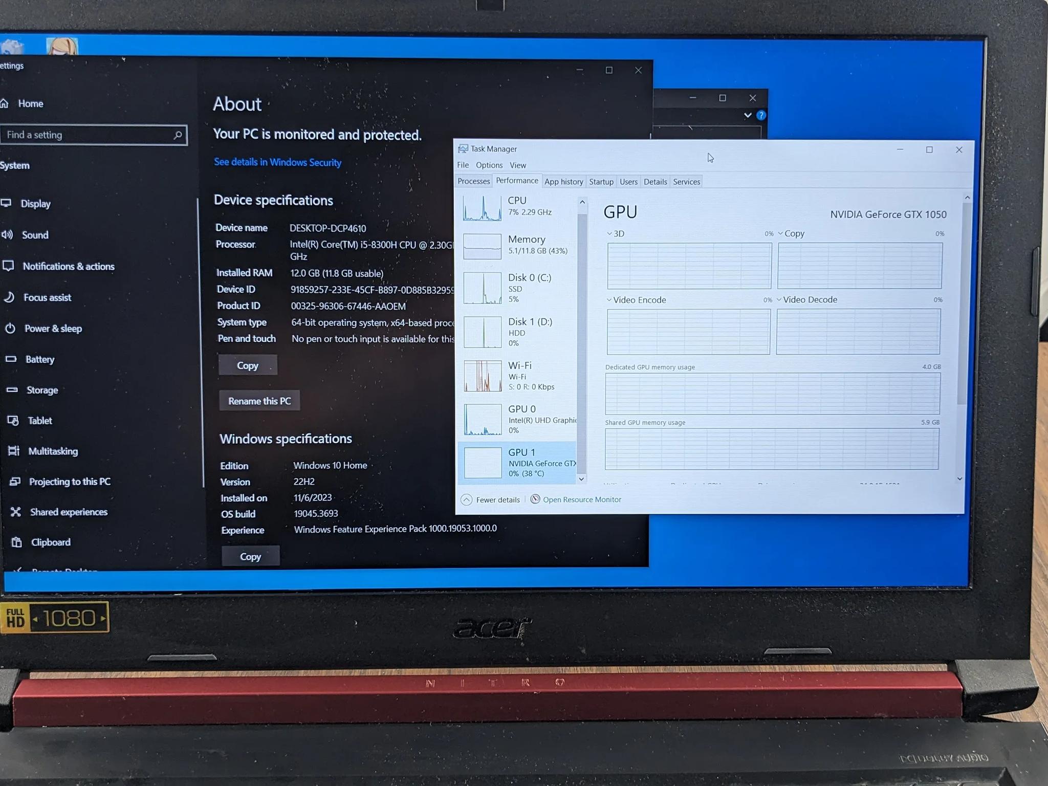 Acer Nitro 5 Refurbished, GTX 1050m, i5-8300H, 12GB DDR4, 256NVMe, 1TB HDD