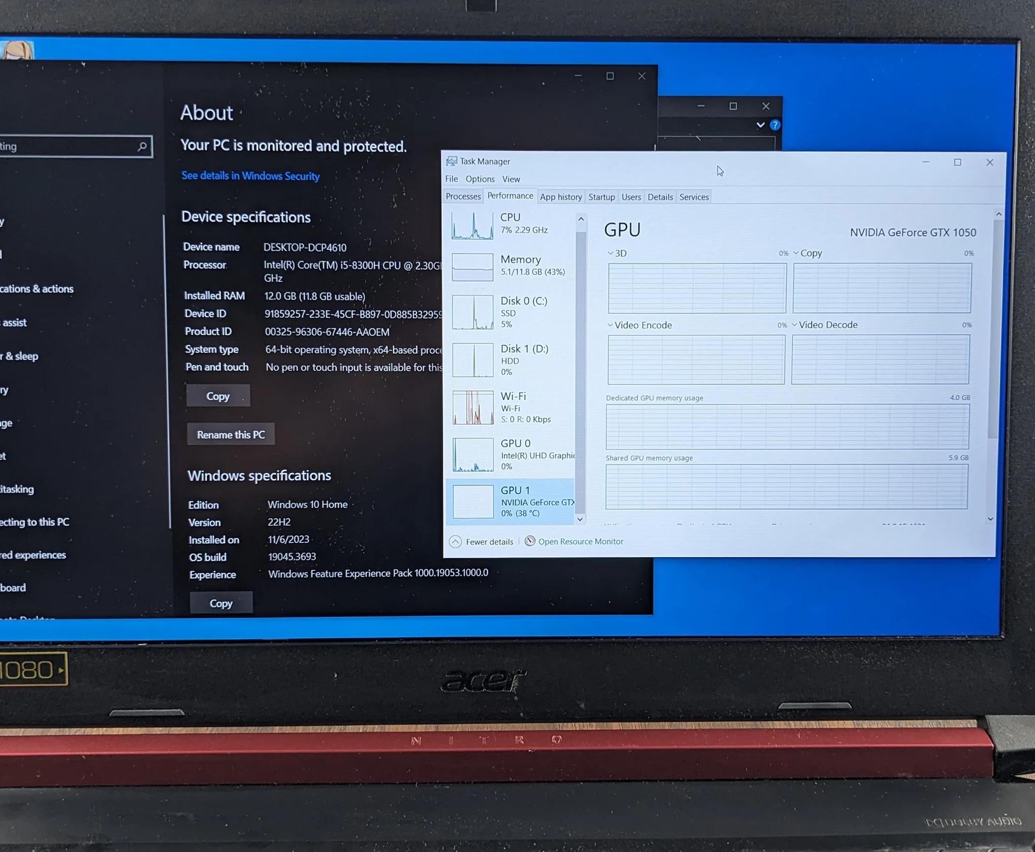 Acer Nitro 5 Refurbished, GTX 1050m, i5-8300H, 12GB DDR4, 256NVMe, 1TB HDD