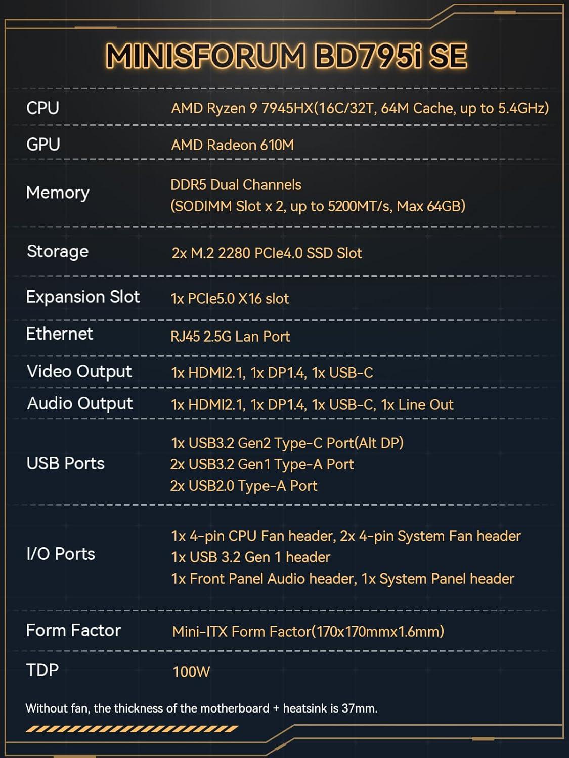 AMD Ryzen 9 7945HX, 16c/32T, Minisforum Motherboard BD795i SE Mini ITX NAS Motherboard