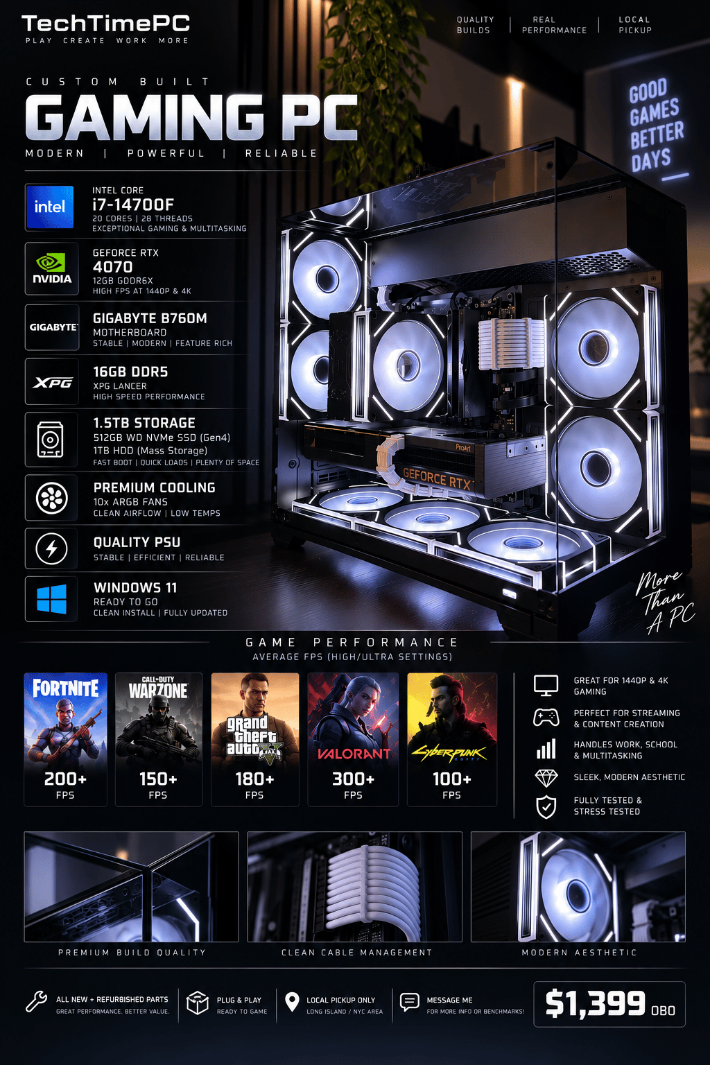 GeForce RTX 4070 Custom Gaming PC - Core i7-14700F, 16GB RAM, 512GB SSD