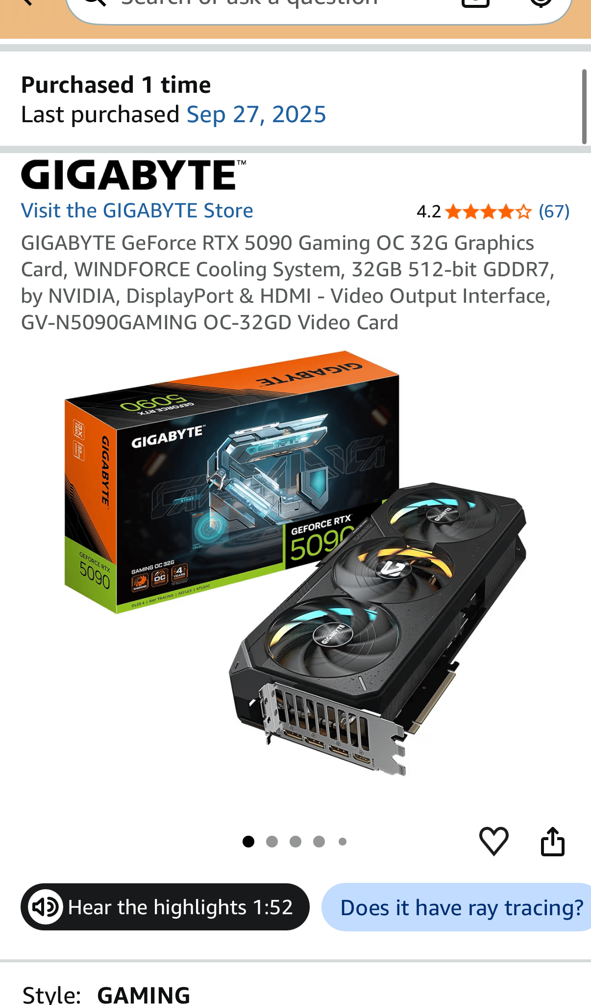 GIGABYTE GeForce RTX 5090 GAMING OC 32G