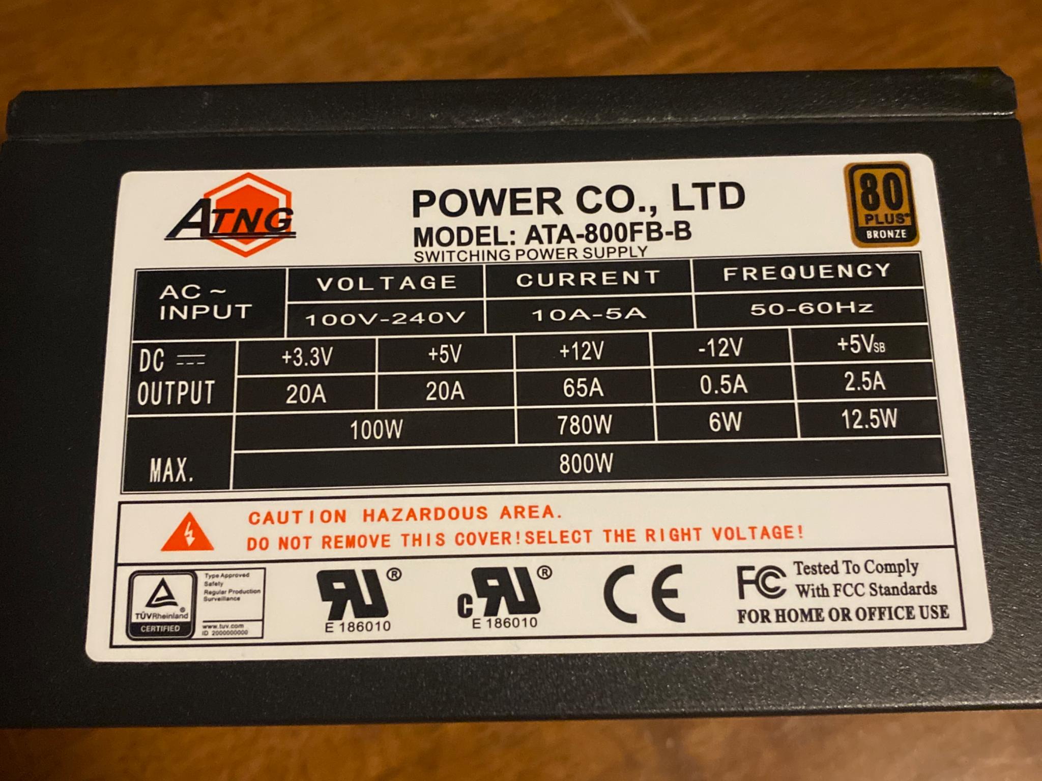 ATNG Power Supply 800w 80 Plus Bronze. Model: ATA-800FB-B