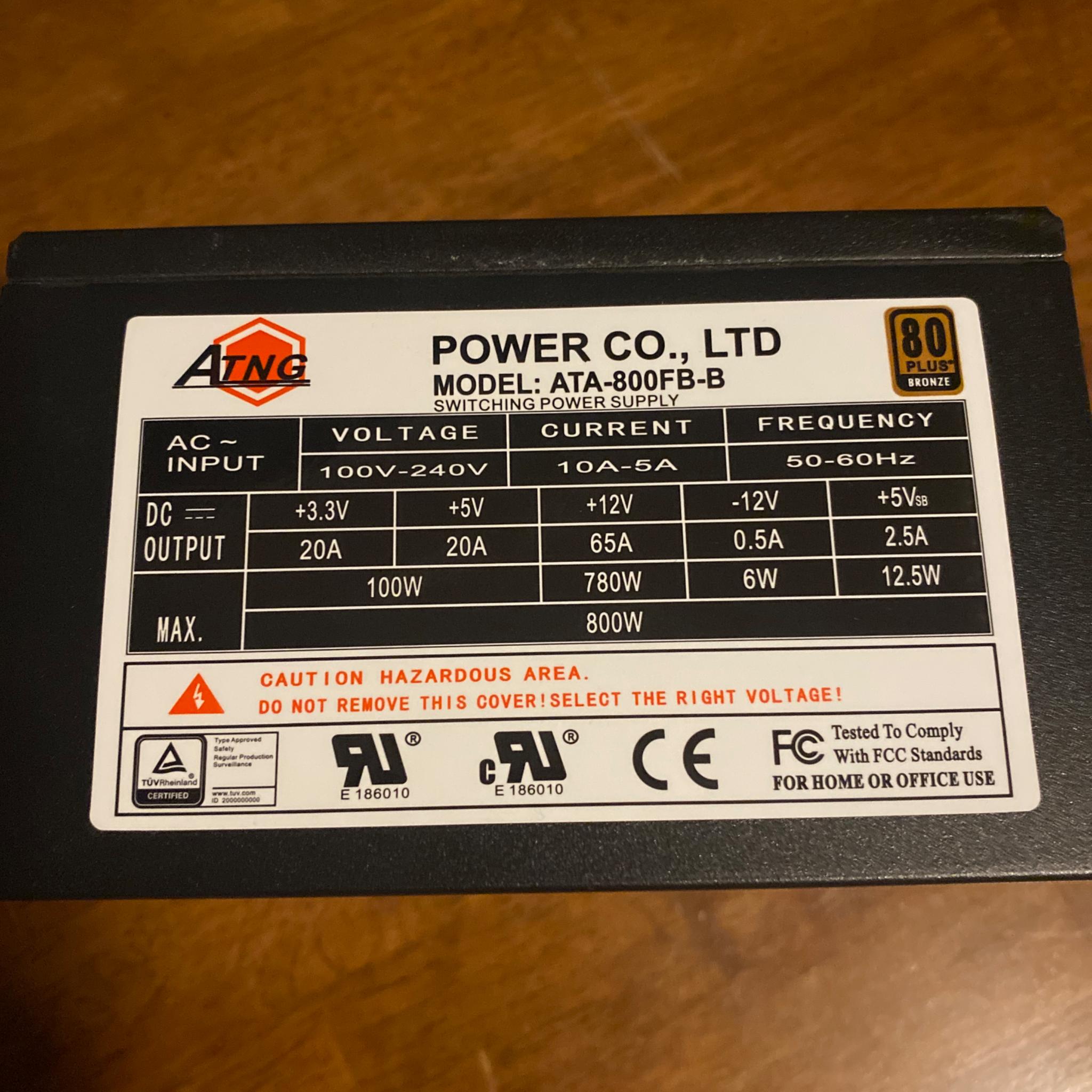 ATNG Power Supply 800w 80 Plus Bronze. Model: ATA-800FB-B