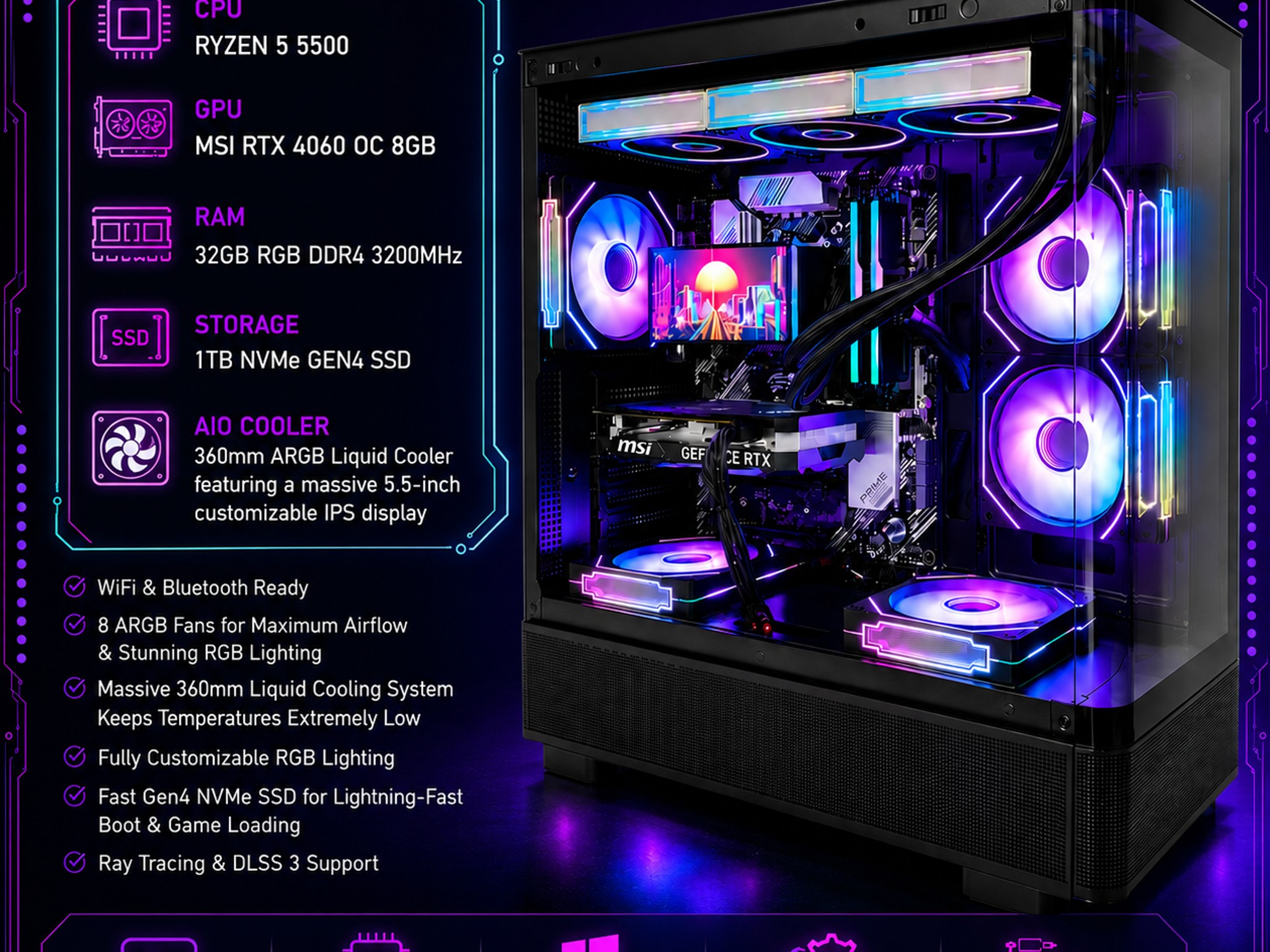 🎮 HIGH FPS Gaming PC | Ryzen 5 5500 | RTX 4060 OC | 32GB RGB | 1TB Gen4 SSD