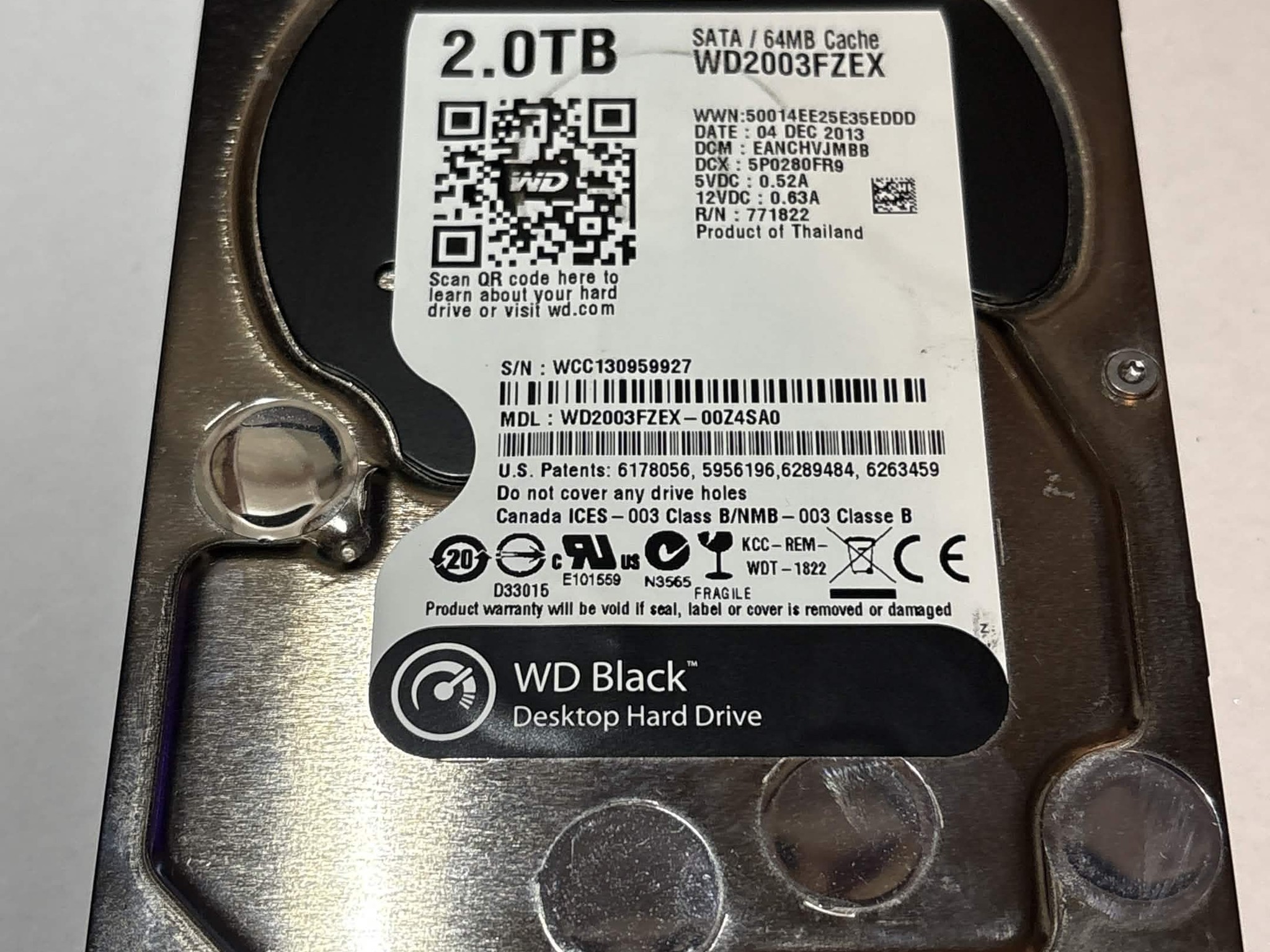 WD Black 2TB 7200RPM 3.5" SATA HDD – WD2003FZEX – Good SMART