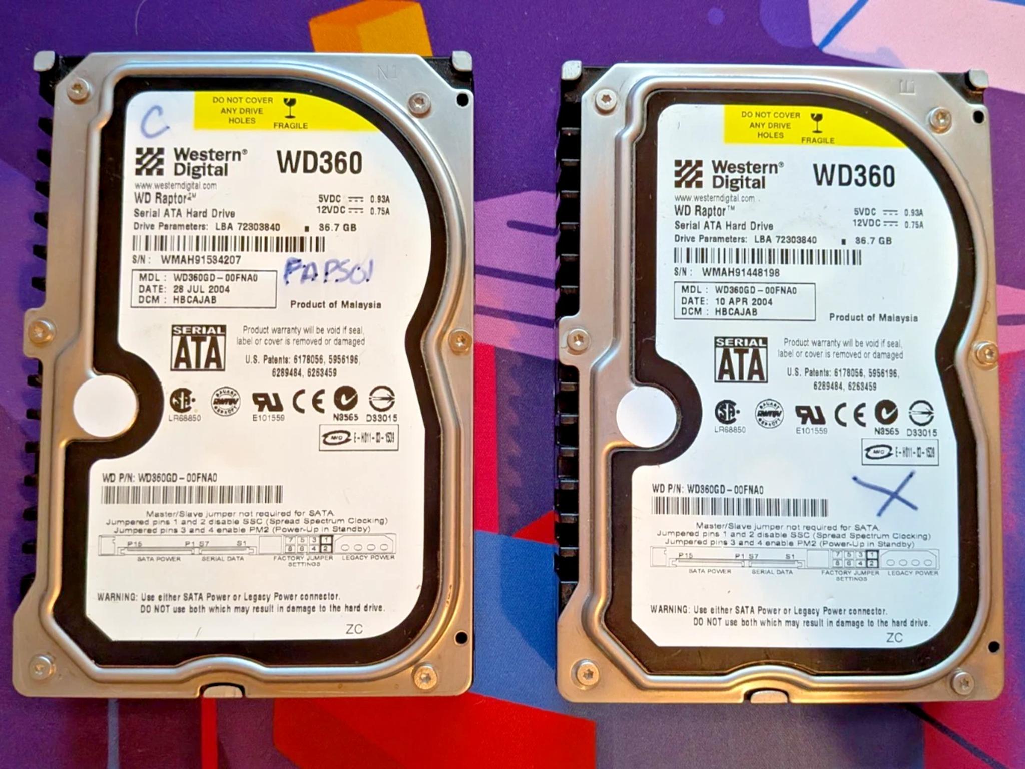 Western Digital 37GB Raptor 10K WD360 SATA HDD - PAIR