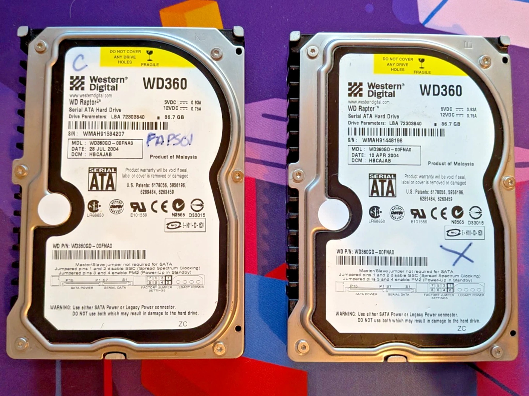 Western Digital 37GB Raptor 10K WD360 SATA HDD - PAIR
