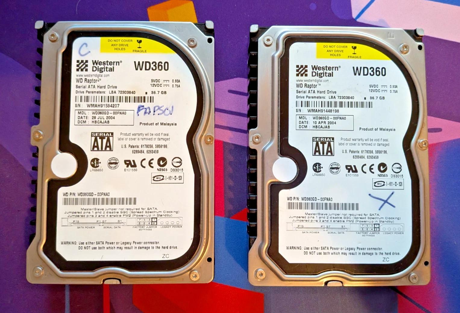 Western Digital 37GB Raptor 10K WD360 SATA HDD - PAIR