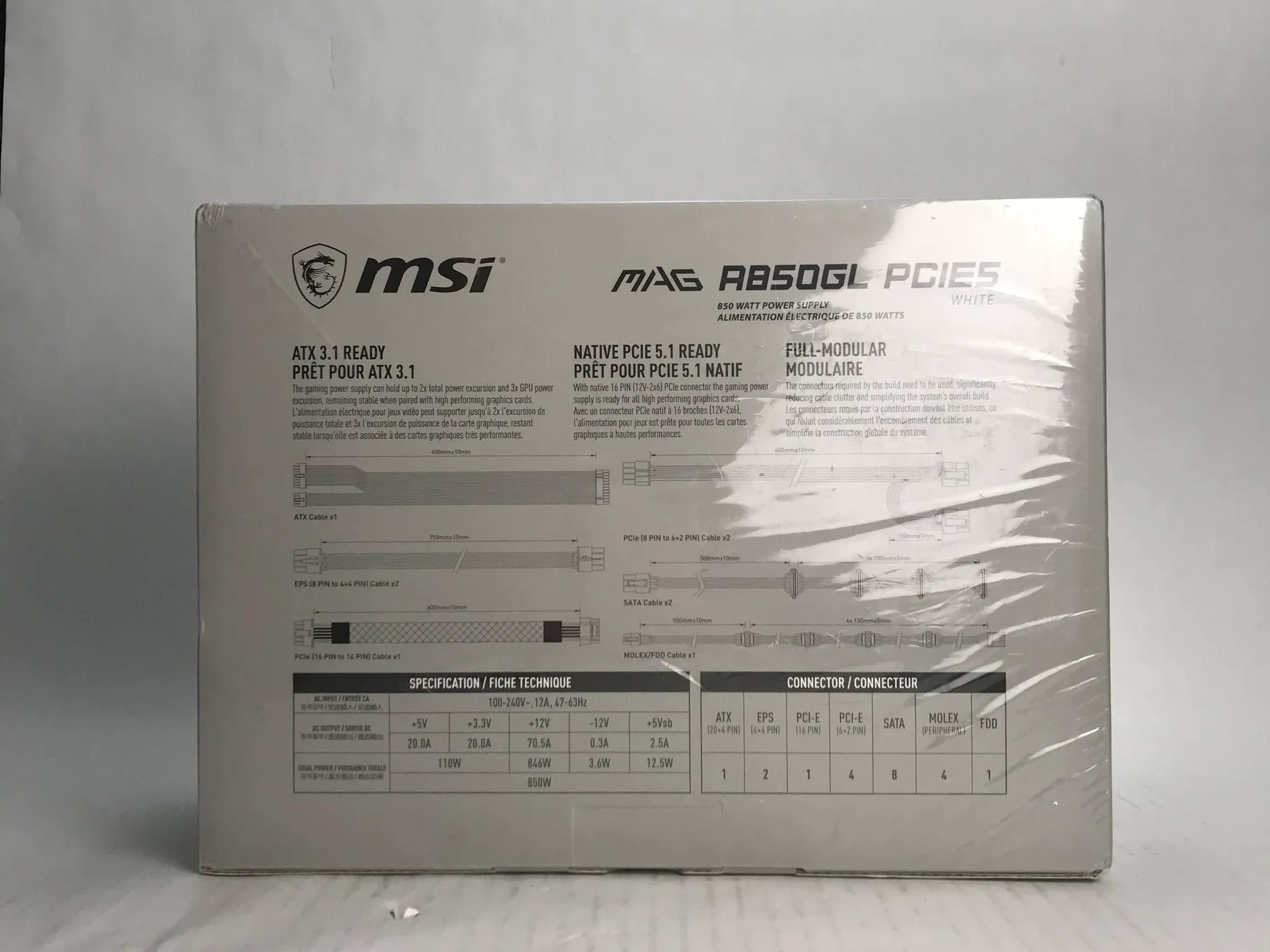 Msi Mag A850gl Pcie 5.1 White Gaming Power Supply - Full Modular - 80 Plus Gold