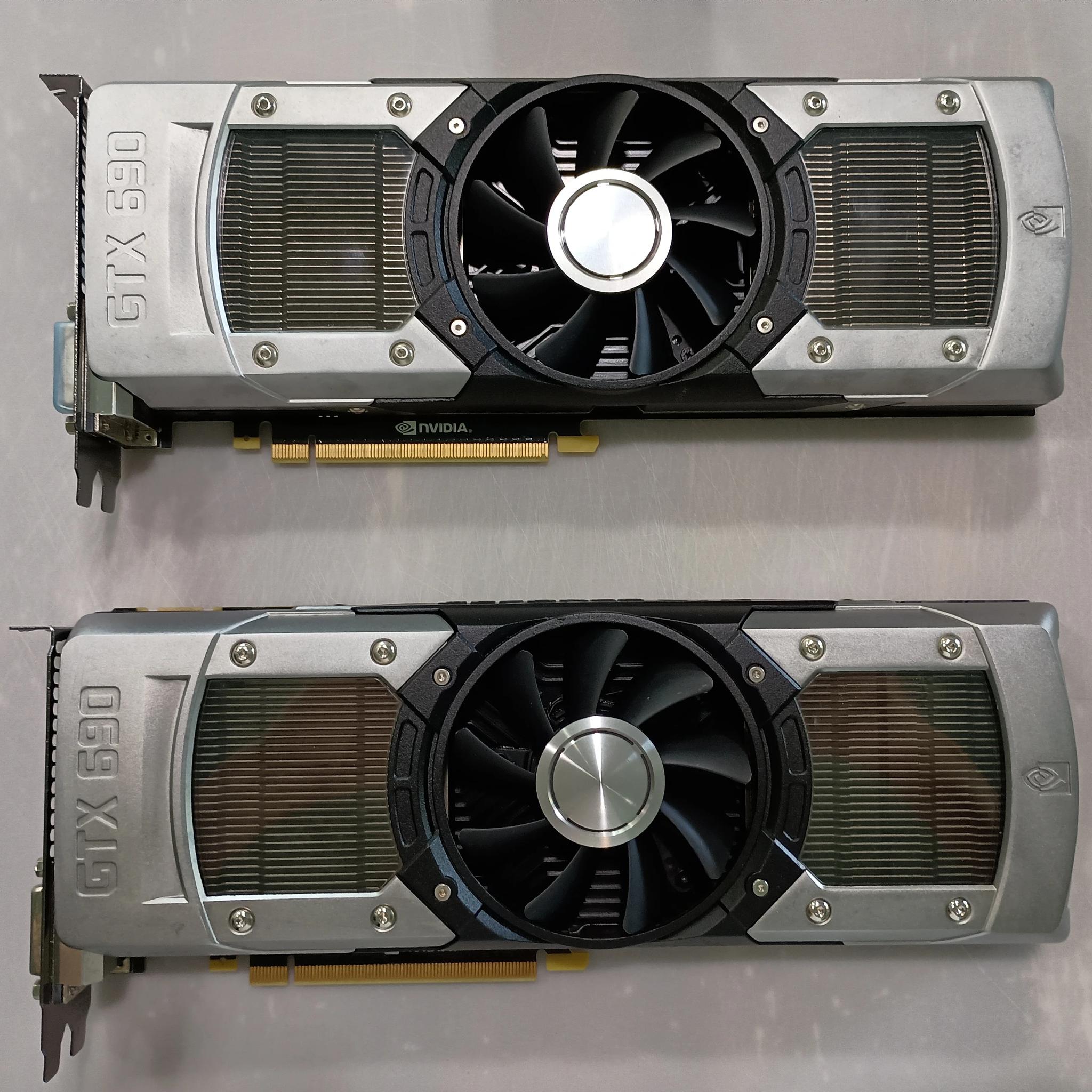 Two GTX 690 GPUs for Quad SLI (with SLI bridge). Tested, works well.
