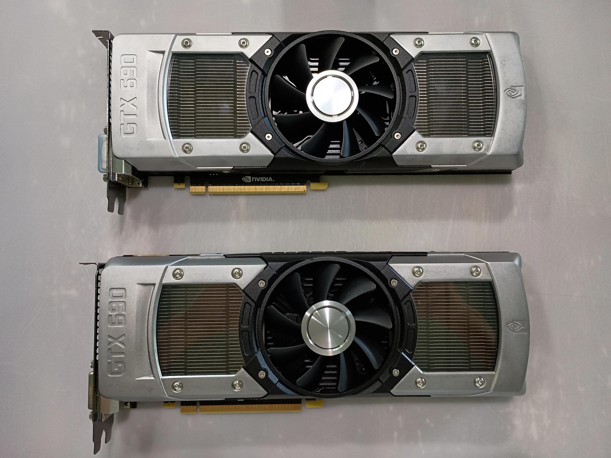 Two GTX 690 GPUs for Quad SLI (with SLI bridge). Tested, works well.