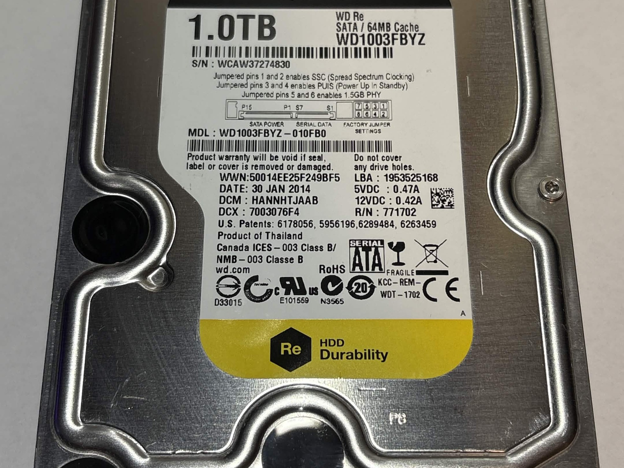 WD Re 1TB Enterprise HDD – 7200RPM 64MB Cache SATA – WD1003FBYZ – Good SMART