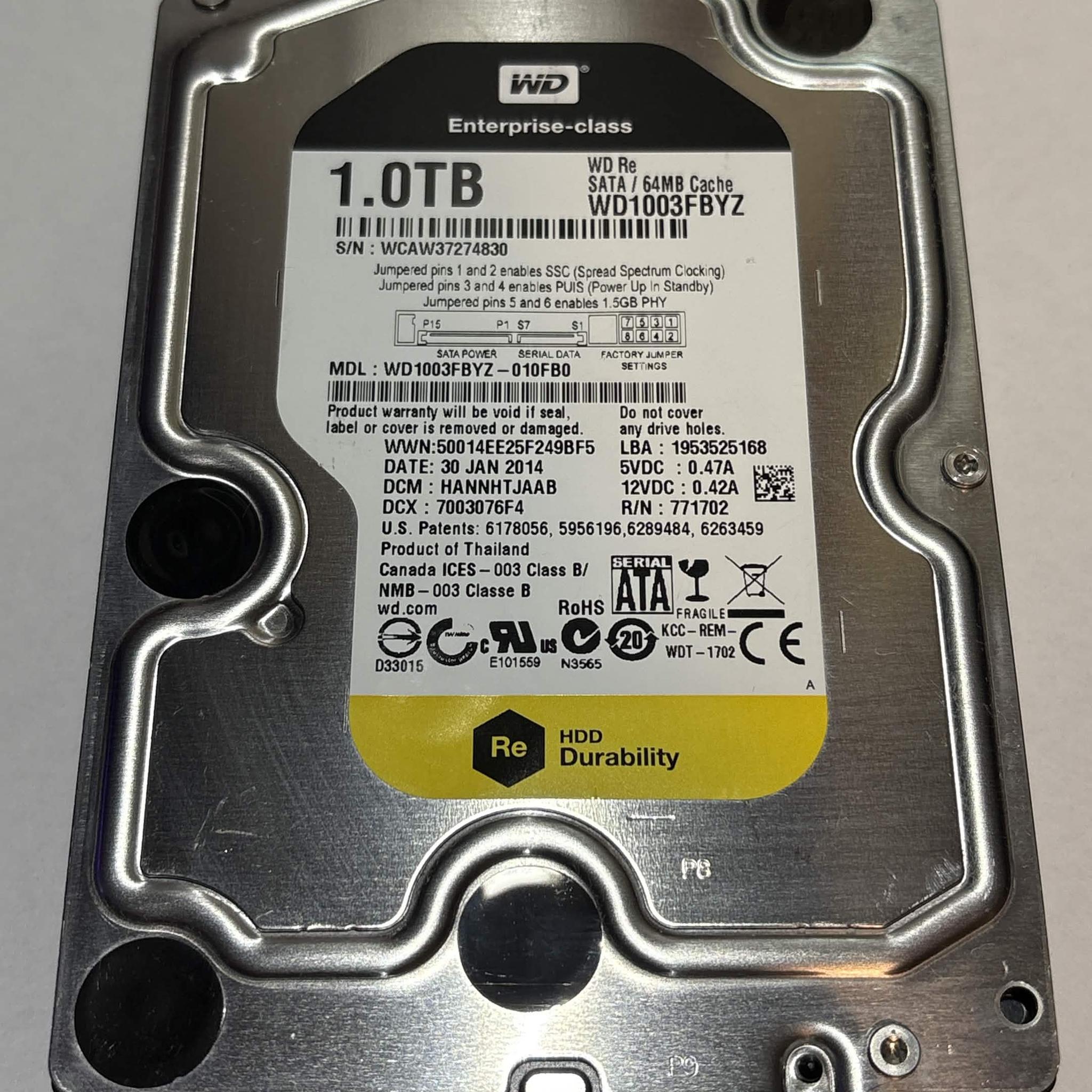 WD Re 1TB Enterprise HDD – 7200RPM 64MB Cache SATA – WD1003FBYZ – Good SMART
