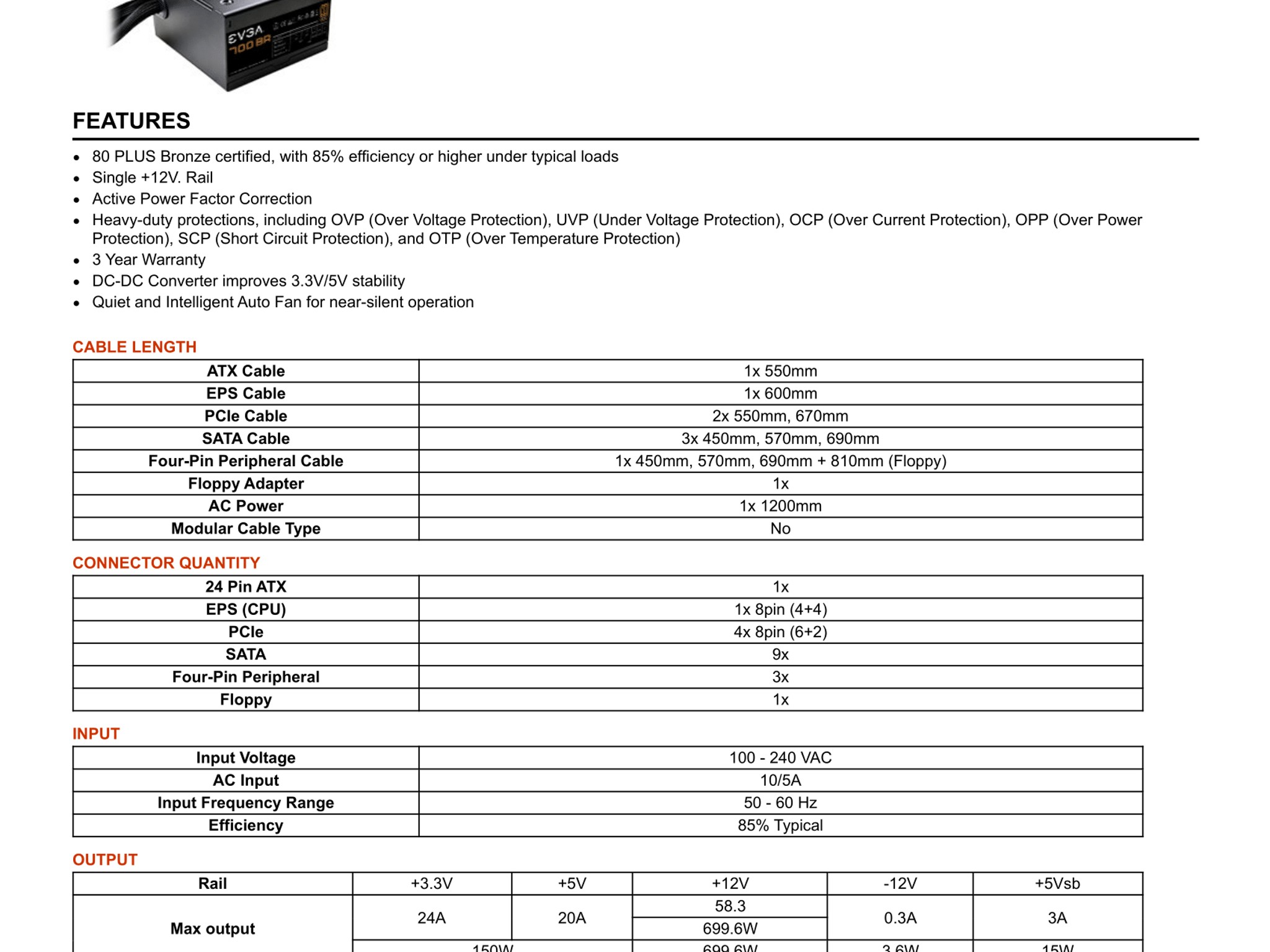 EVGA 700 BR, 80+ BRONZE 700W, Power Supply 100-BR-0700