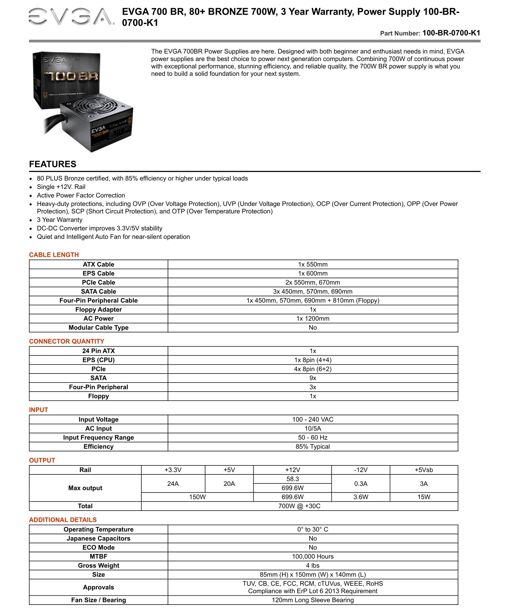 EVGA 700 BR, 80+ BRONZE 700W, Power Supply 100-BR-0700
