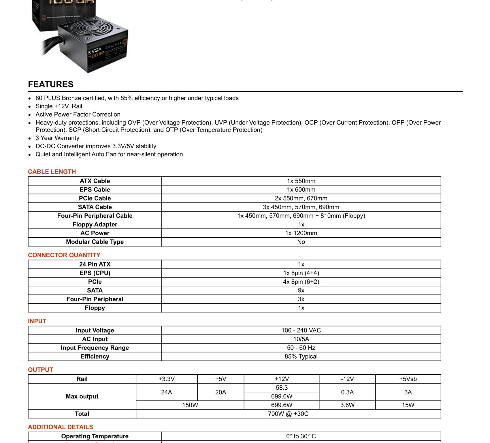 EVGA 700 BR, 80+ BRONZE 700W, Power Supply 100-BR-0700