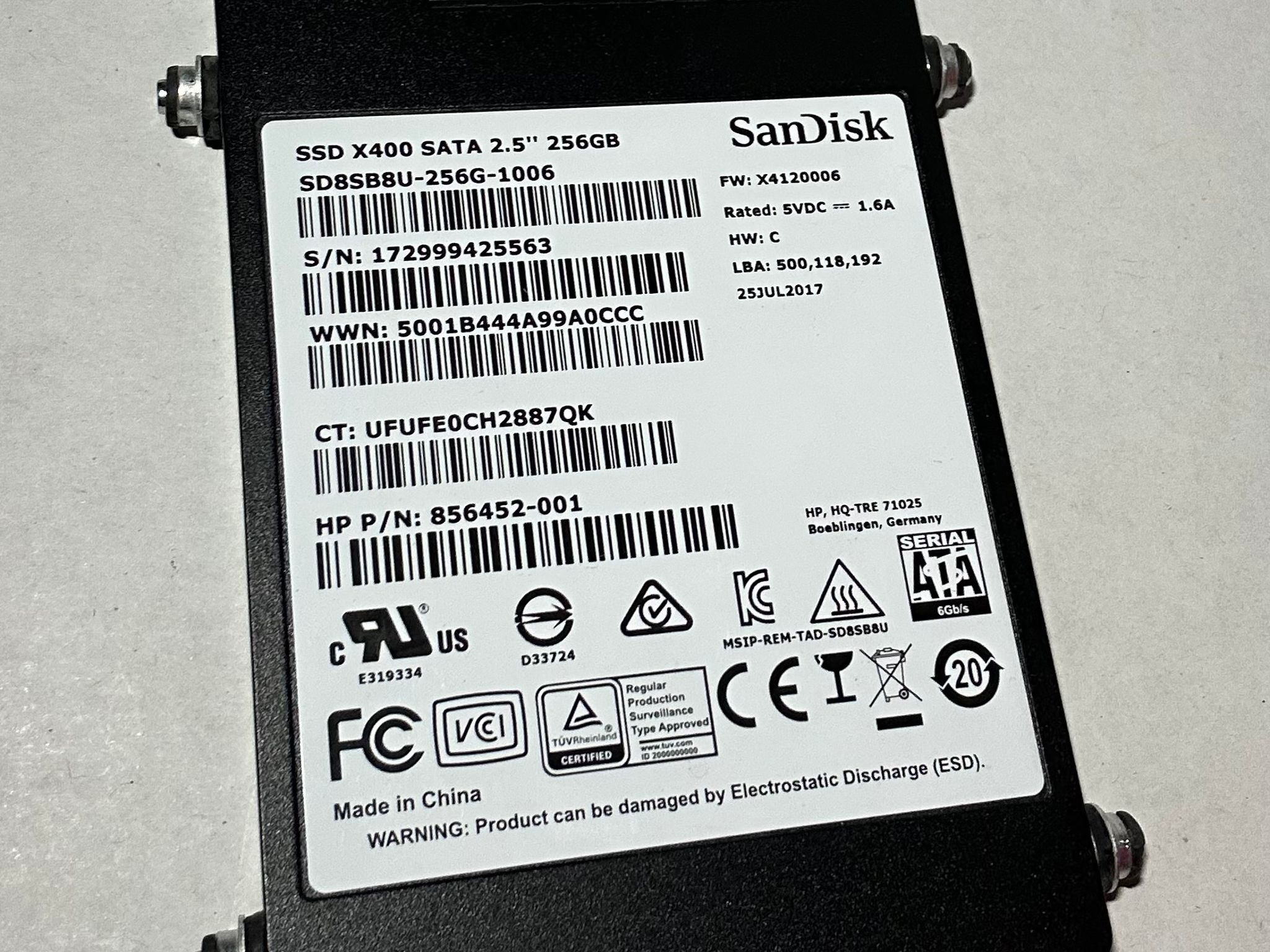 SanDisk X400 256GB 2.5” SATA SSD