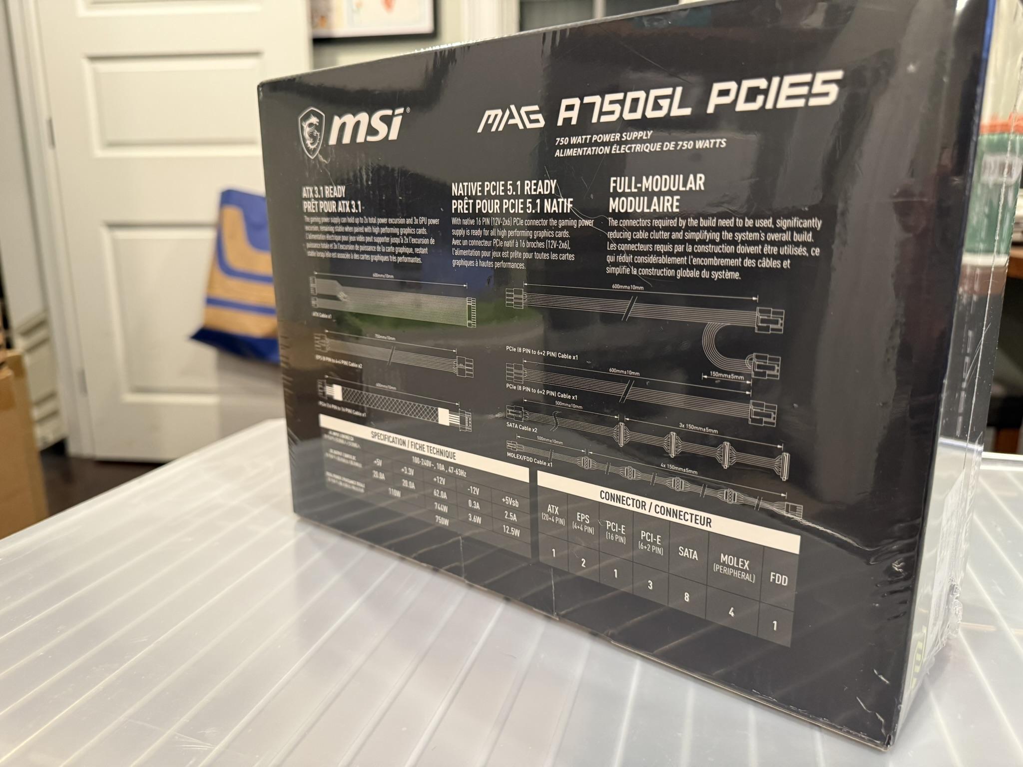 New. 750w PSU. MSI MAG A750GL PCIE5. 80+ Gold, ATX3.1, PCIe 5.1. Factory sealed.