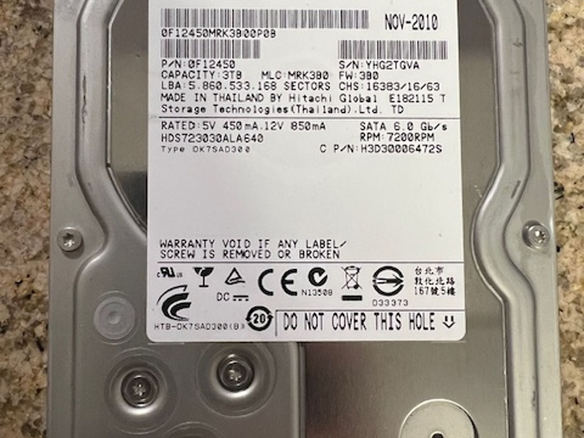 Hitachi 3TB 7200 RPM Internal Hard Drive 3.5" SATA 6.0 Gb/s