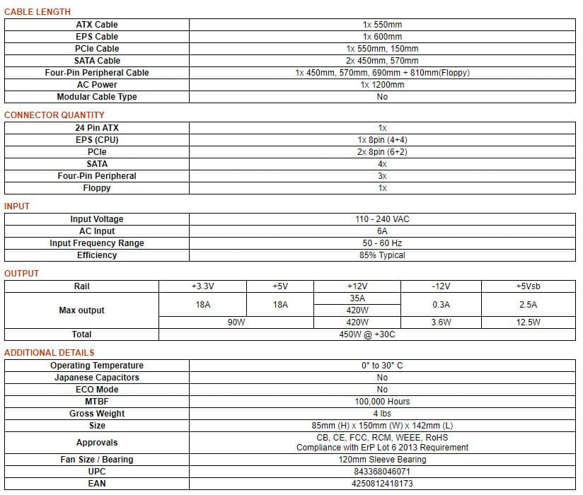 EVGA 450BT 80+ BRONZE 450W Power Supply 100-BT-0450-K1