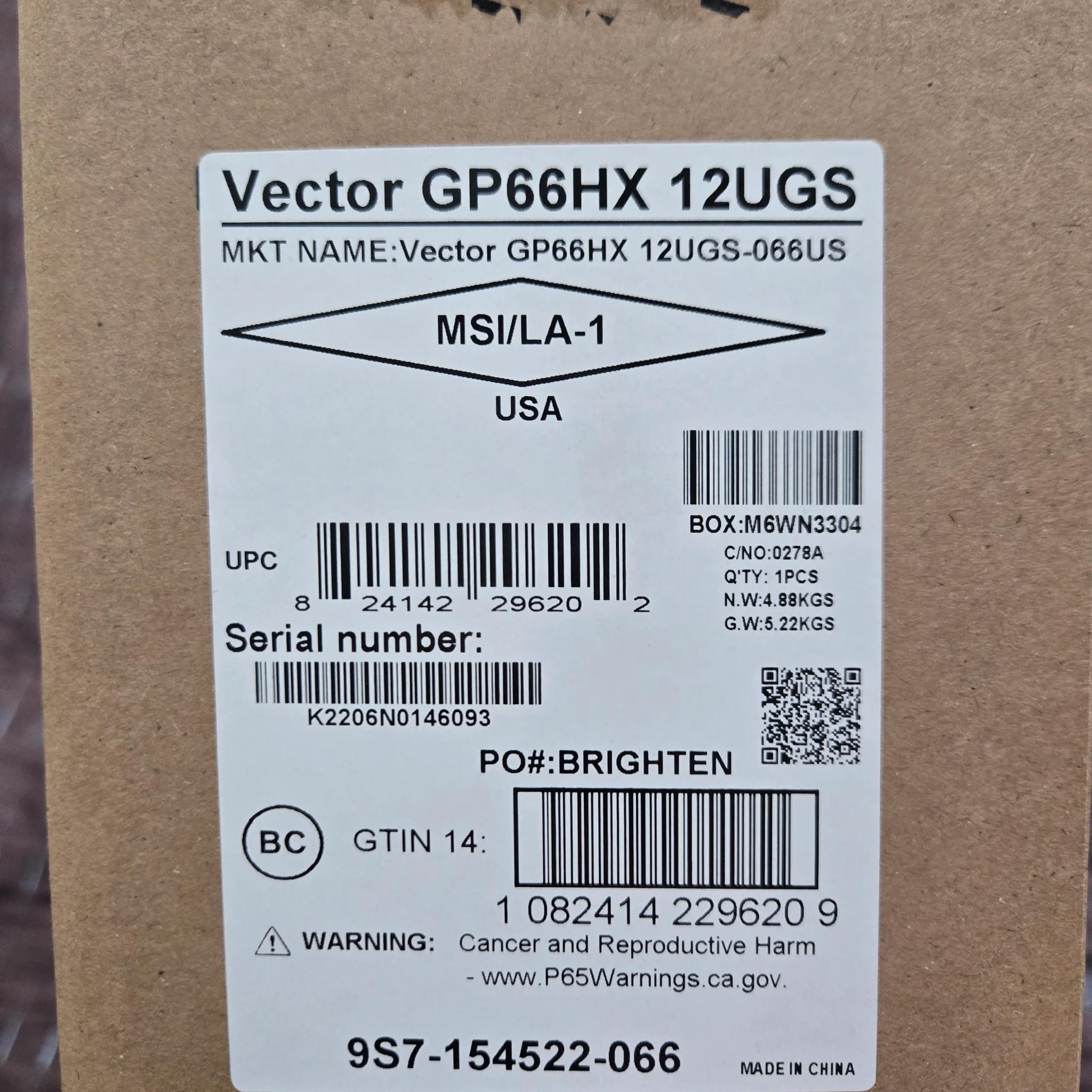 MSI Vector GP66HX 12UGS Gaming Laptop.32GB DDR5,i7 12800HX,RTX 3070Ti 150watt.1TB SSD,15.6"QHD 165Hz