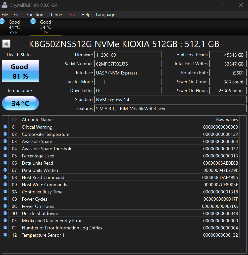 Kioxia KBG50Z 512GB Gen4x4 M.2 2230 SSD | Solid State Drive | 81% Drive Health