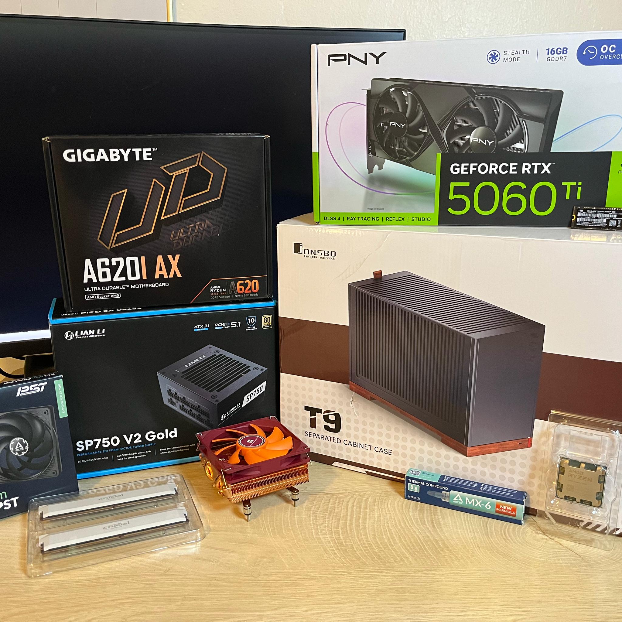 Custom Gaming PC Build Jonsbo T9, RTX 5060 Ti 16gb, Ryzen 7 7700, Crucial Pro 32gb DDR5 RAM Mini ITX