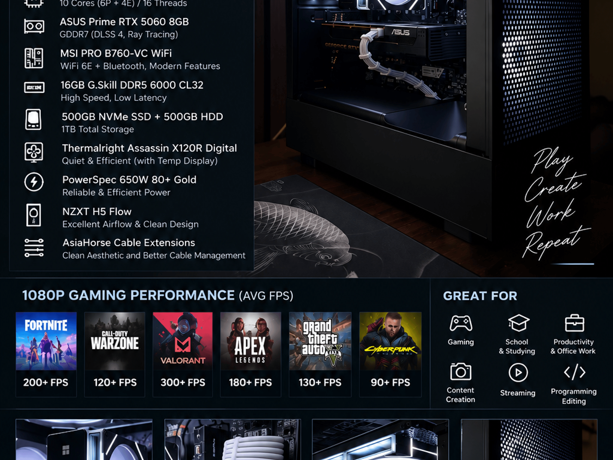 GeForce RTX 5060 Custom Gaming PC - Core i5-14400F, 16GB RAM, 1TB SSD