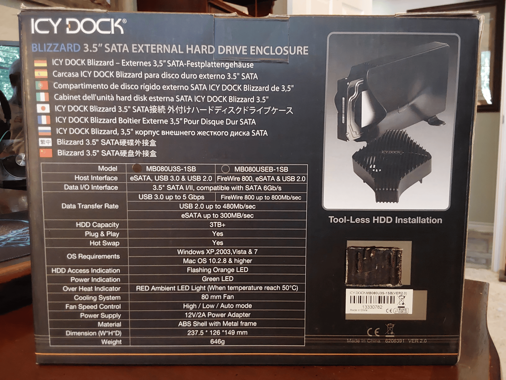 ICY DOCK Blizzard USB 3.0 & eSATA External 3.5” Sata Hard Drive Enclosure (MB080U3S-1SB)