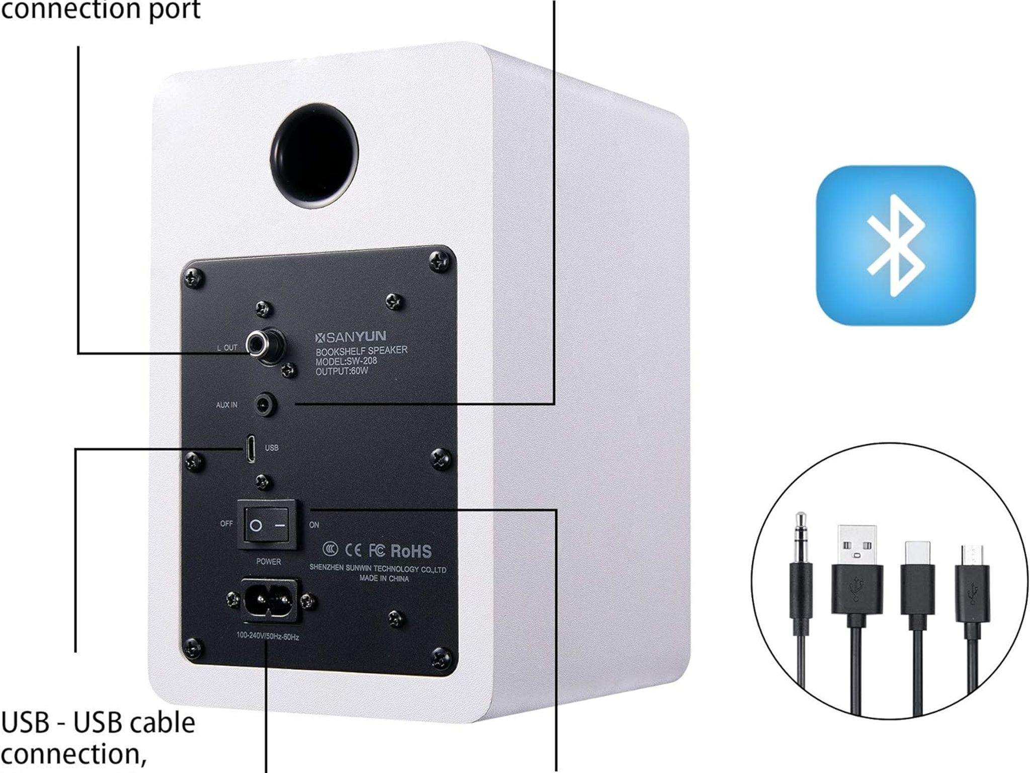 3"Bookshelf Speakers – 60W Carbon Fiber Speaker Unit -(Pair, White)