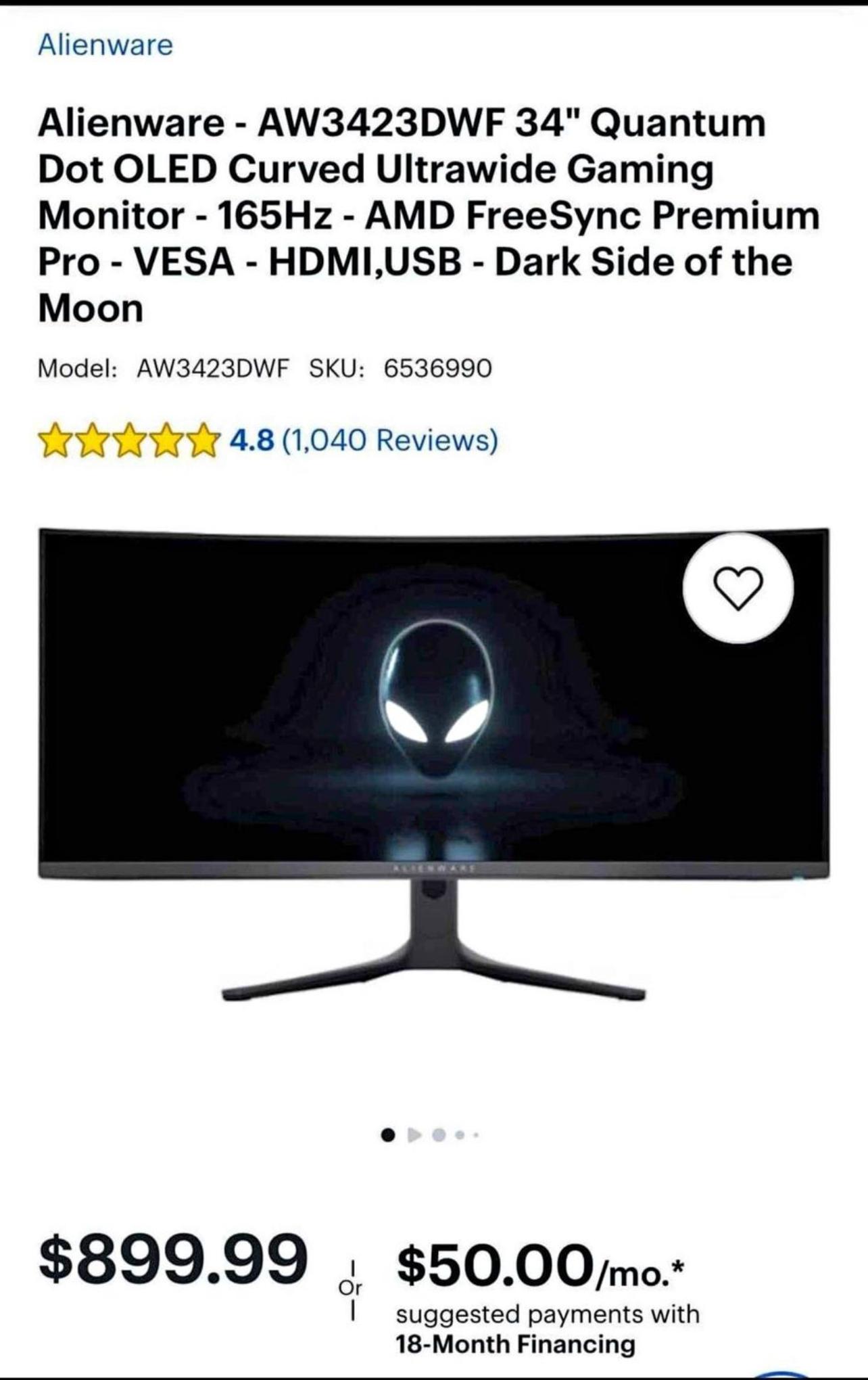 34 INCH curved Alienware OLED 1440p gaming monitor, AW3423DWF, NEW!!!!
