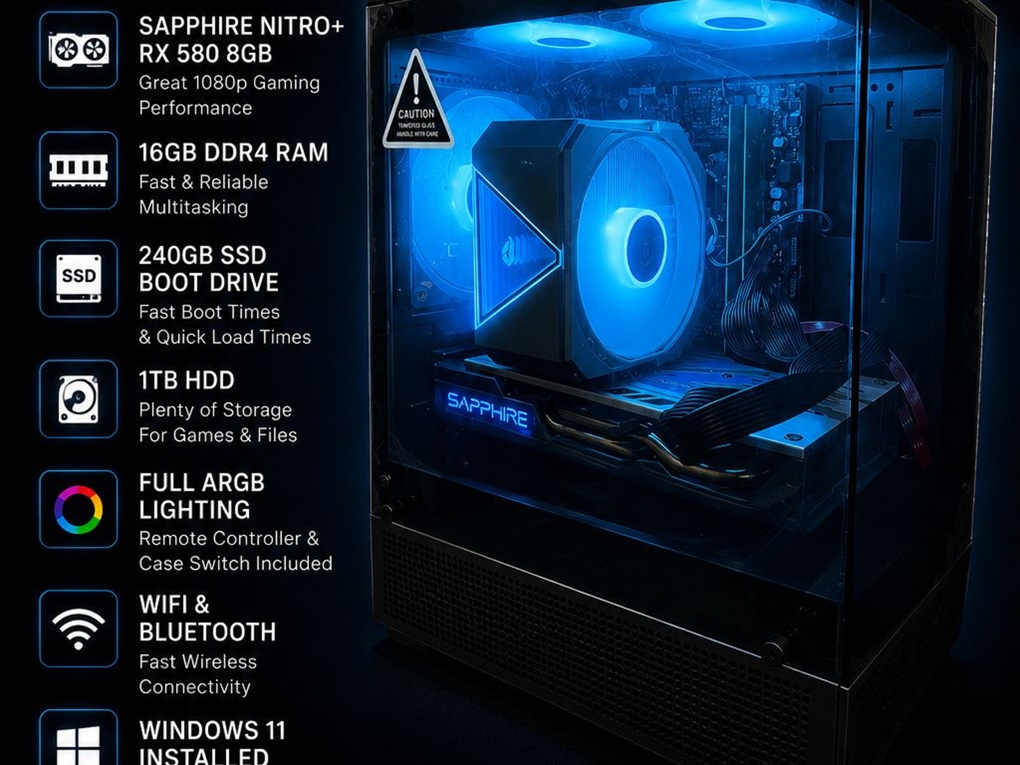 Gaming PC Ryzen 5 3600 RX 580 8GB 16GB RAM 240GB SSD + 1TB HDD WiFi RGB Win11