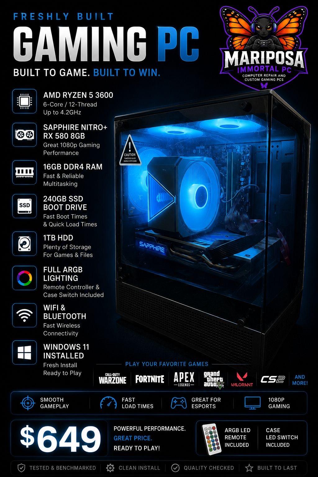 Gaming PC Ryzen 5 3600 RX 580 8GB 16GB RAM 240GB SSD + 1TB HDD WiFi RGB Win11
