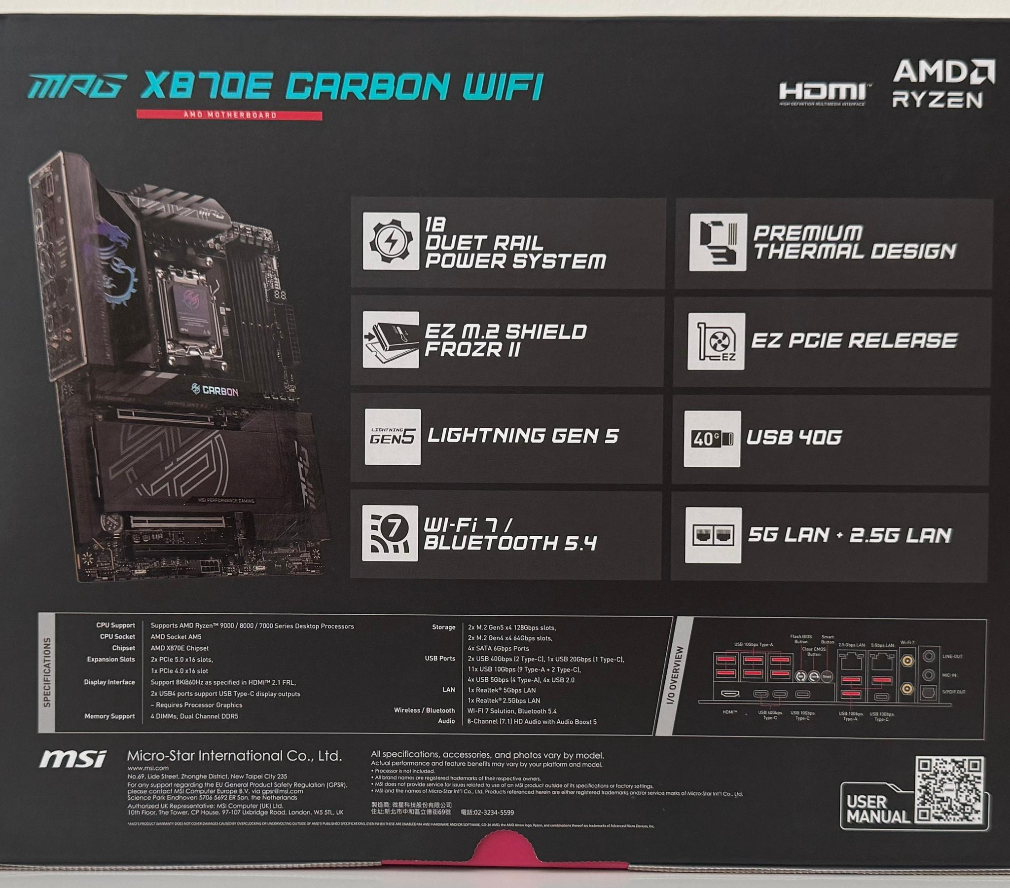 New MSI MPG X870E CARBON WIFI AMD AM5 ATX Motherboard - WiFi 7, 4x M.2, PCIe 5.0, USB 4.0