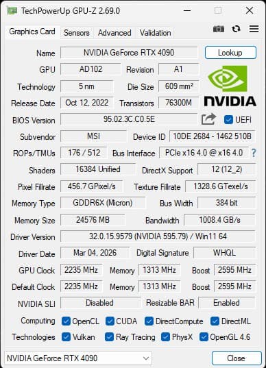 MSI RTX 4090 Gaming X Slim 24GB | Warranty to 10/2027 | Box + Accessories