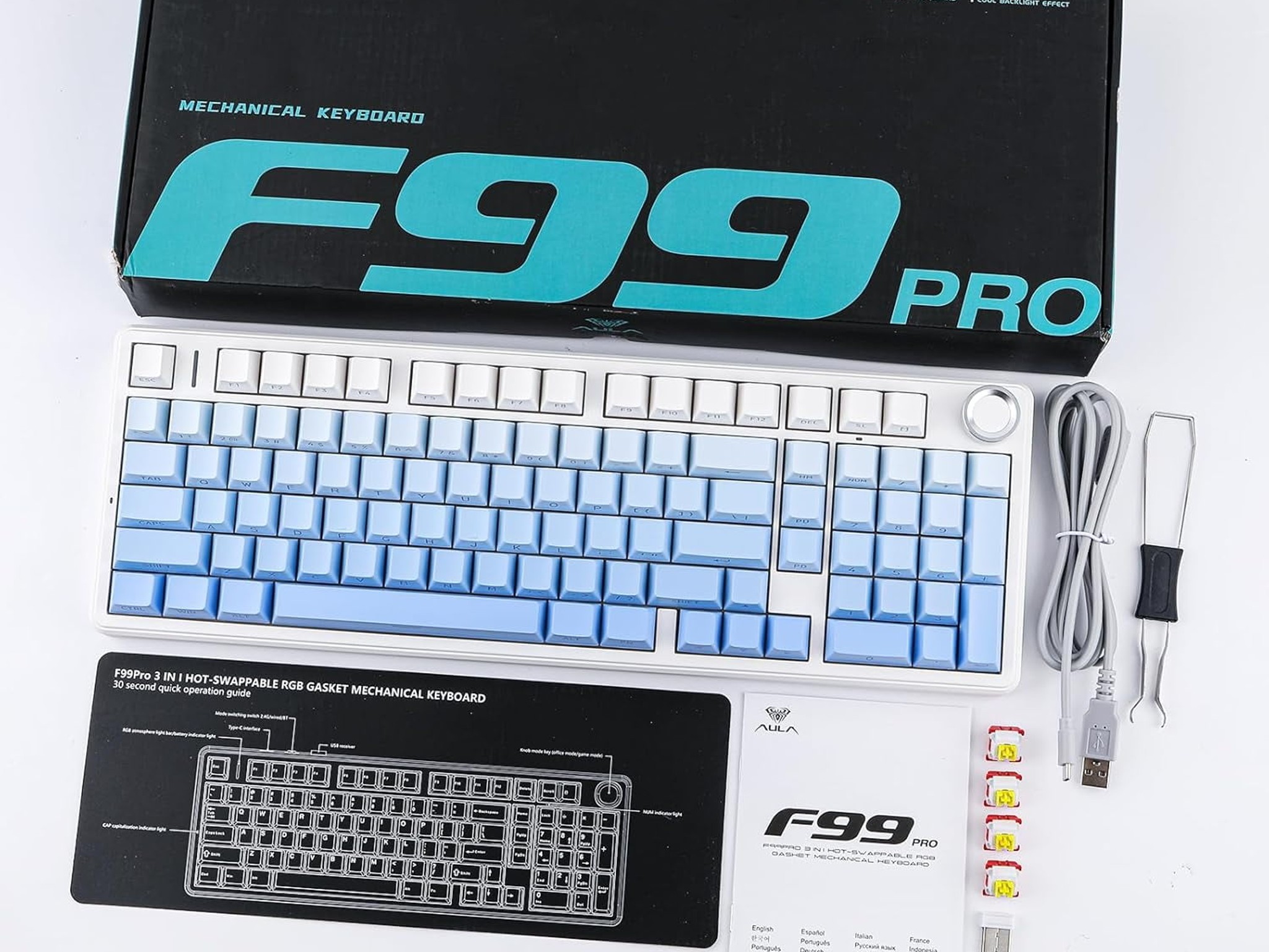 AULA F99 PRO (BRAND NEW) Gradient Blue, Wireless Mechanical 95% LEOBOG Nimbus Switches w/ Knob