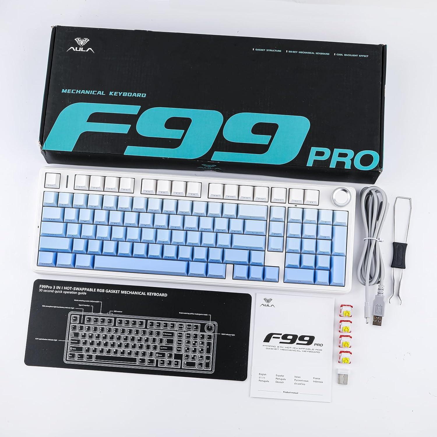 AULA F99 PRO (BRAND NEW) Gradient Blue, Wireless Mechanical 95% LEOBOG Nimbus Switches w/ Knob