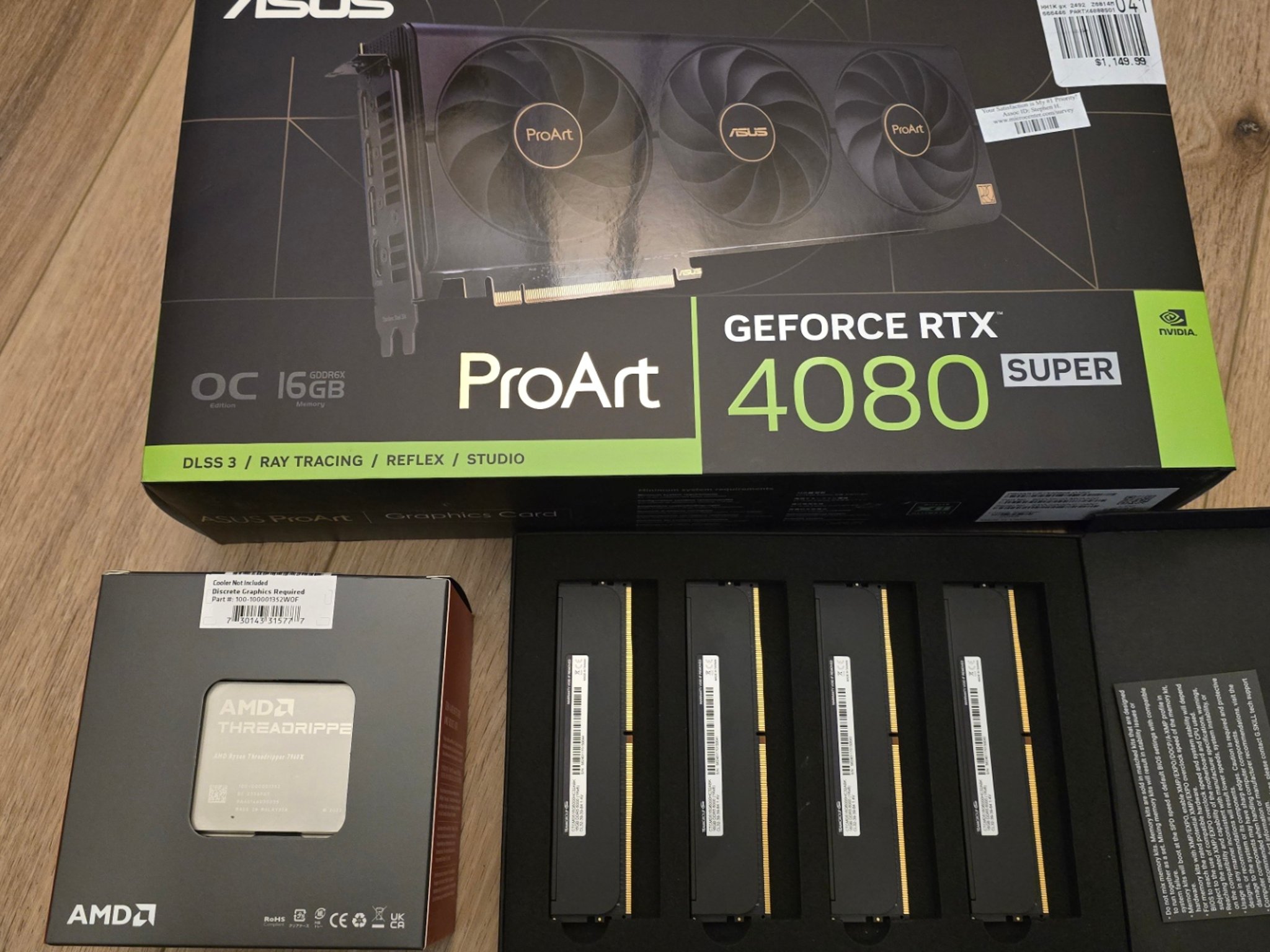 AMD threadripper 7960X plus 64GB DDR5 6000 ECC RAM and RTX 4080 Super Pro Art