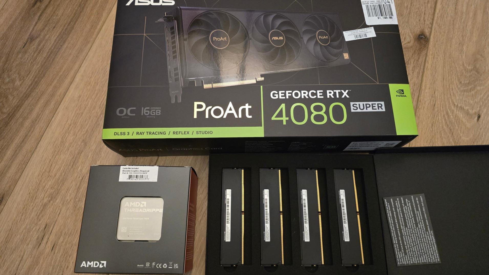 AMD threadripper 7960X plus 64GB DDR5 6000 ECC RAM and RTX 4080 Super Pro Art