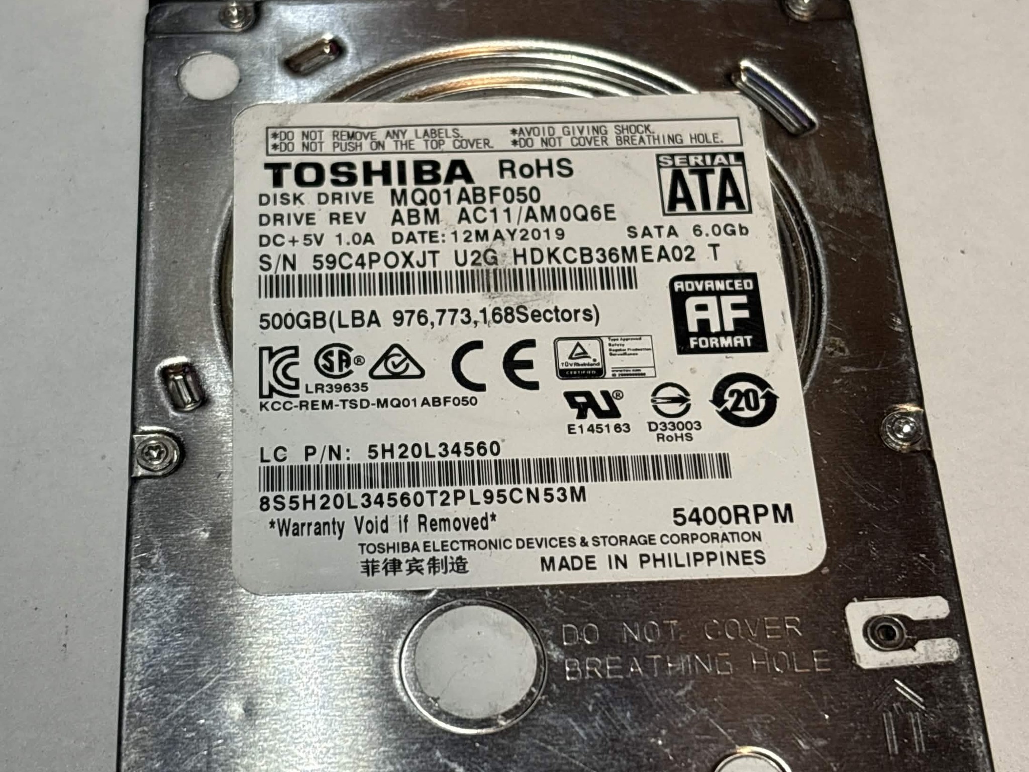 Toshiba 500GB SATA Laptop Hard Drive | Tested & Functional